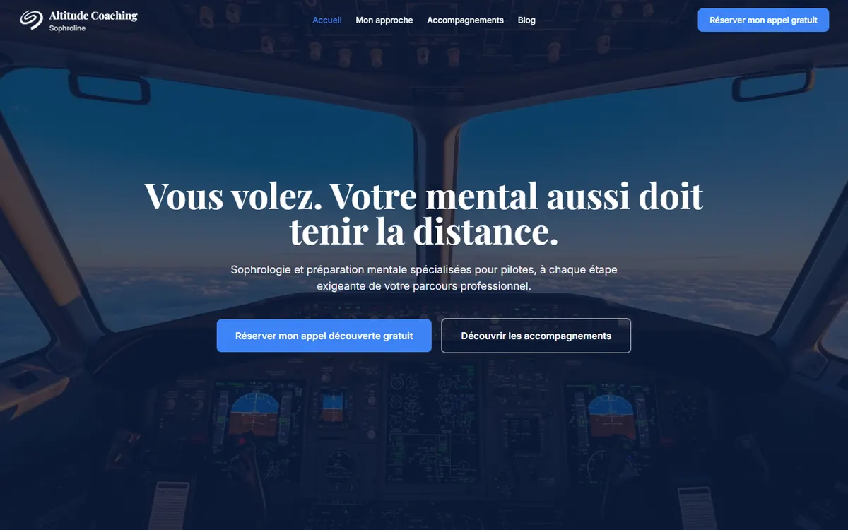 Page d'accueil du site Altitude Coaching, sophrologie pour pilotes